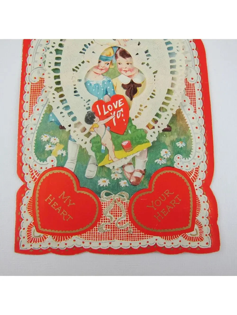 Antique Valentine Blonde Girl Blue Dress Boy Swing Cupid Daisy Flowers UNSIGNED